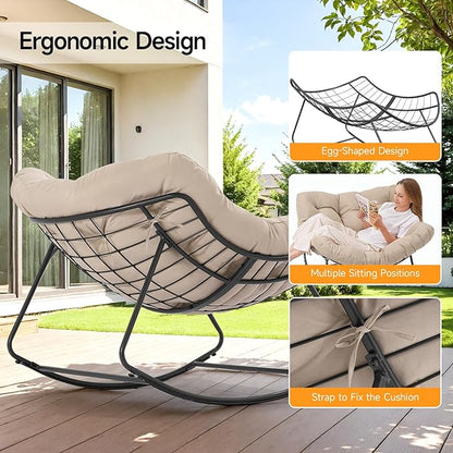 ONBRILL Outdoor Papasan Rocking Chair, 450 lbs Oversized Comfy Patio Chair with Thickened Cushion, Indoor Egg Rocking Lounge Chairs, Rocker Chairs for Patio Porch Garden Living Room Bedroom, Beige