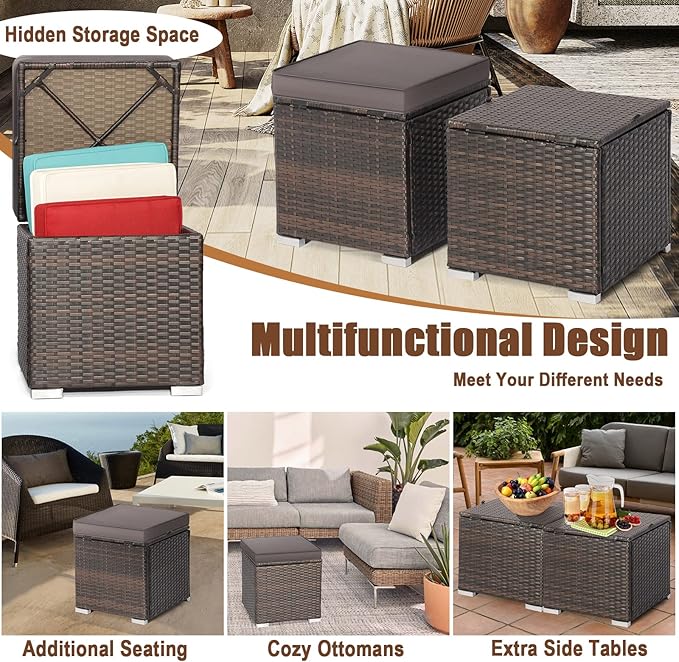 RELAX4LIFE Wicker Outdoor Storage Ottoman, 2-Piece Rattan Footstool w/Removable Cushion - Photo 8