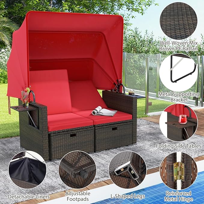 RELAX4LIFE Wicker Outdoor Daybed with Canopy - Rattan Loveseat Sofa Set w/Storage Ottomans, Adjustable Back, Retractable Trays, Sunbed Double Chaise Lounge for Backyard, 2-Seater Patio Daybed (Red)