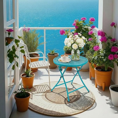 TeoKJ Folding Outdoor Side Tables, Anti Rust Small Patio Table Round Metal Nightstand with Flower Cutouts for Porch Yard Balcony Deck Lawn, Blue