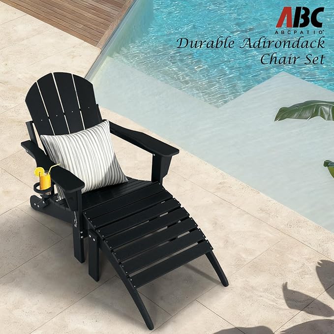 Adirondack Chair with Ottoman | Folding | Outdoor Patio Chair with Removable Footrest | HDPE Plastic All-Weather Resistant | Cup Holder | for Backyard and Garden | Matte Black