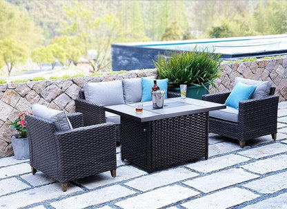 Grand patio Sofa Sets 5PCS, Patio Furniture with Fire Pit Table, Luxury Wicker, Brown