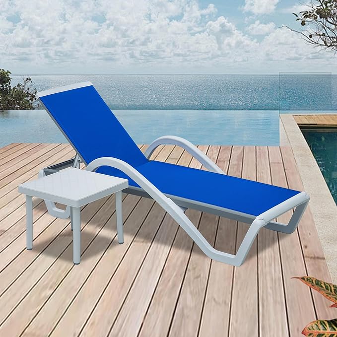 Domi Outdoor Lounge Chair, Aluminum Patio Chaise Lounge with 5 Position Adjustable Backrest and Wheels, All Weather Reclining Chair with Armrest and Side Table for Patio, Yard,Balcony,Poolside (Blue)