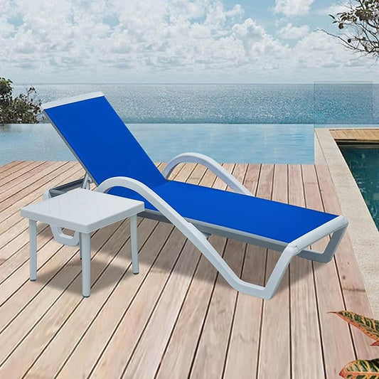 Domi Outdoor Lounge Chair, Aluminum Patio Chaise Lounge with 5 Position Adjustable Backrest and Wheels, All Weather Reclining Chair with Armrest and Side Table for Patio, Yard,Balcony,Poolside (Blue)