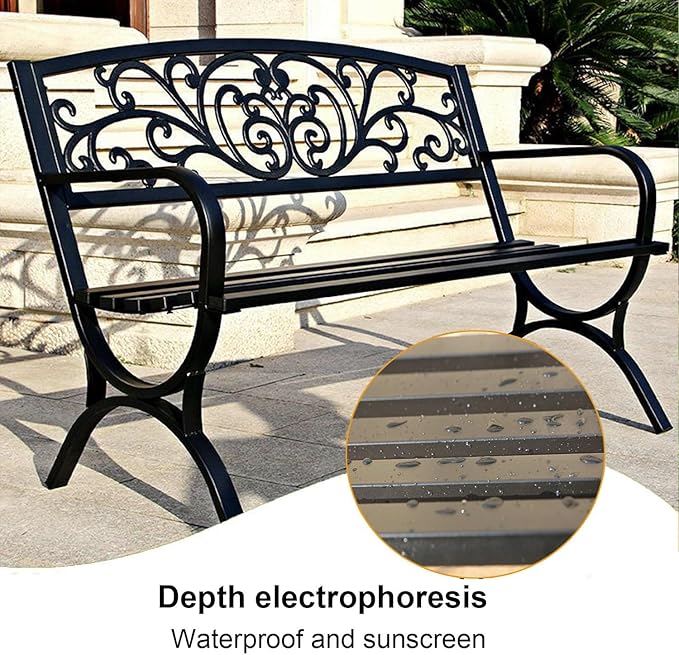 50" Weatherproof Outdoor Metal Garden Bench for 2, Floral Backrest & Arch Legs, Stylish Patio Seating, Ideal for Lawn, Porch, Park & Backyard (White)