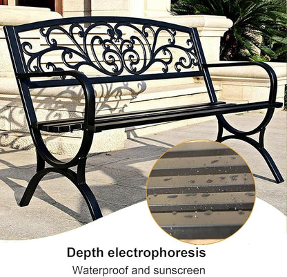 50" Weatherproof Outdoor Metal Garden Bench for 2, Floral Backrest & Arch Legs, Stylish Patio Seating, Ideal for Lawn, Porch, Park & Backyard (White)