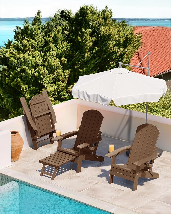 YEFU Adirondack Chair with Retractable Ottoman: Folding Adirondack Chairs Set of 2-5-Level Adjustable Backrest with Footrest - Fire Pit Chairs - 2 Cup Holder - Outdoor Plastic Chair for Patio(Teak)