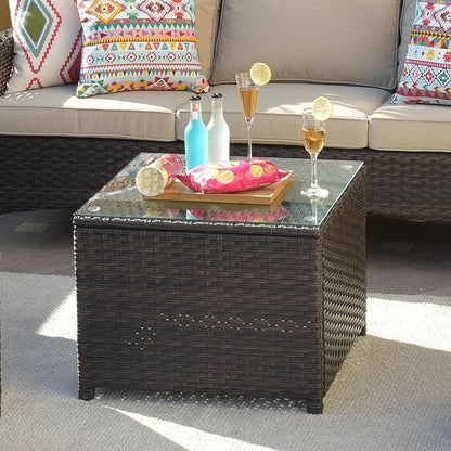 ovios Outdoor Side Table with Tempered Glass Top, Patio Wicker Coffee Table, Rattan Bistro End Table for Porch Deck Balcony Garden Poolside, Brown
