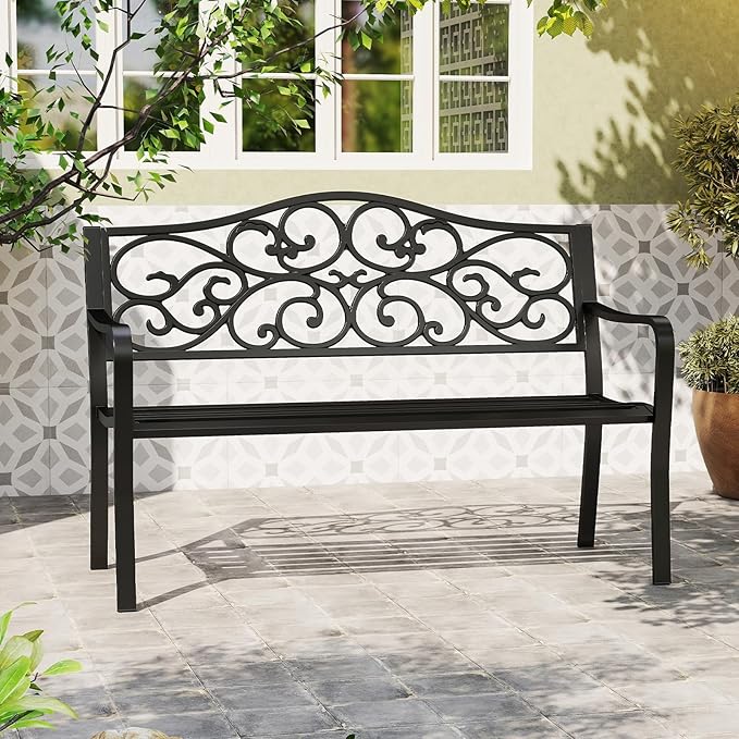 Tangkula 50 Inches Outdoor Garden Park Bench, Cast Iron Metal Patio Bench with Floral Design Backrest, Armrests and Slatted Seat, Outdoor Loveseat Chair for Porch, Lawn and Yard, Black