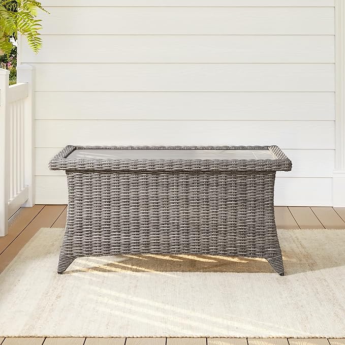 CHITA Patio Wicker Coffee Table with Fully Wrapped Edges, Outdoor Rattan Rectangular Coffee Table for Backyard, Balcony, Apartment, or Porch