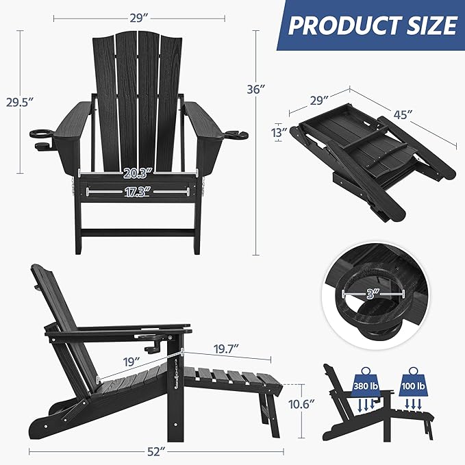 Yaheetech Adirondack Chair with Retractable Ottoman, All Weather Patio Folding Fire Pit Chair with Cup Holder and Phone Holder for Outdoor Poolside, Black, 4 pcs