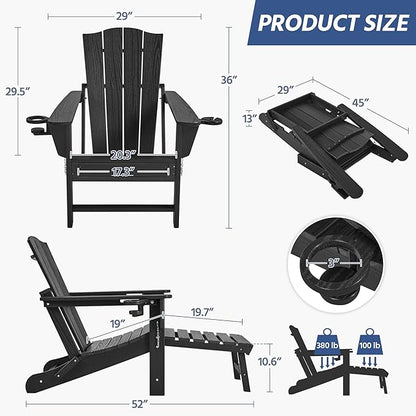 Yaheetech Adirondack Chair with Retractable Ottoman, All Weather Patio Folding Fire Pit Chair with Cup Holder and Phone Holder for Outdoor Poolside, Black, 4 pcs