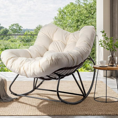 VINGLI Papason Rocking Chair Outdoor, Patio Rocking Chair with Cushion, Comfortable Lounge Chair Weatherproof for Garden, Yard, Outdoor/Indoor, Beige