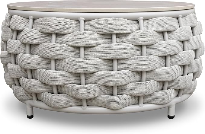 Short Round Patio Coffee Table: Hand Woven Rope Side Tables Assembled - Aluminum Outdoor Accent Table Modern - Metal - Photo 1