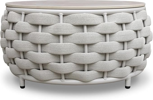 Short Round Patio Coffee Table: Hand Woven Rope Side Tables Assembled - Aluminum Outdoor Accent Table Modern - Metal Porch Furniture for 176lbs Deck Garden Pool Balcony Hotel, φ25.6''/65cm, Gray