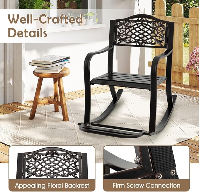 Giantex Patio Rocking Chair, Outdoor Cast Aluminum Rocker w/Footrest, Backrest & Curved Armrests, Heavy-Duty Metal Classic Rocking Leisure Seat for Backyard, Poolside, Balcony (Antique Brown,1)