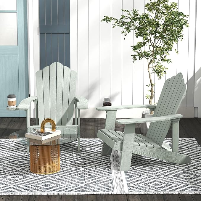 Tangkula Oversized Adirondack Chair, Patio Lounge Chairs w/Adjustable Cup Holder, HIPS Armchairs Slatted Chair, Outdoor Weather Resistant Fire Pit Chair for Deck Backyard Garden Porch (2, Light Grey)