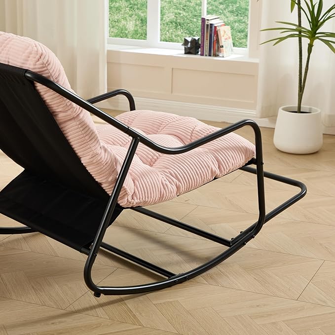 Pink Rocking Chair with Foot Rest, Outdoor Indoor Rocking Lounge Chair with Cushion, Comfortable Patio Rocker Chairs for Patio, Porch, Garden, Living Room, Reading, Metal Frame