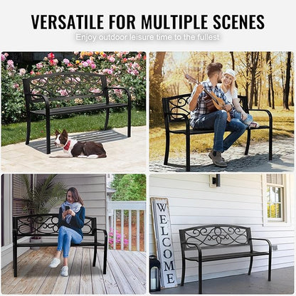 Happybuy 50-Inch Metal Outdoor Garden Bench, 550 lbs Load Capacity, Patio Bench with Backrest & Armrests, Durable Bench for Park, Yard, Garden, Porch