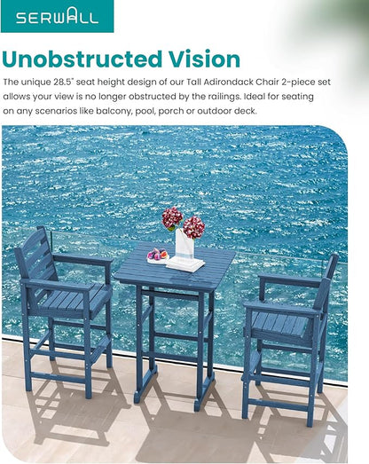 SERWALL Tall Adirondack Chairs Set of 2, Oversize Balcony Adirondack Chairs Set, Outdoor Bar Height Barstools Widened Chair Set for Bistro, Poolside, Garden, Blue