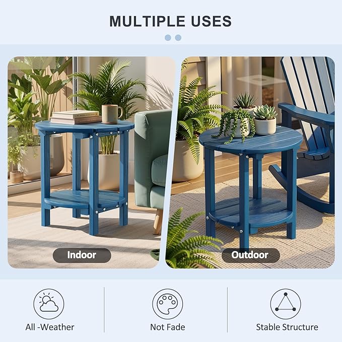 2 Tier Round Outdoor Side Table with Wood-Like Grain, HDPE Adirondack Table Patio Side Table, Weather Resistant End Table for Pool, Patio & Porch, Small Outdoor Table (Navy Blue, Round)