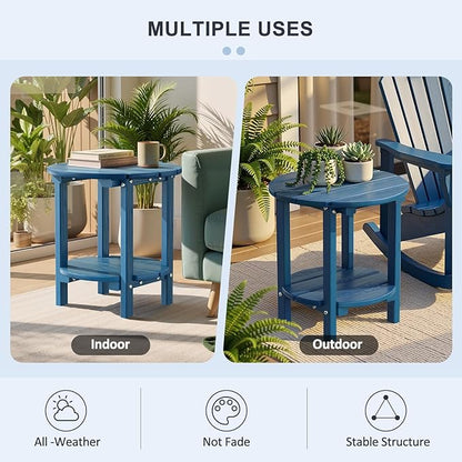 2 Tier Round Outdoor Side Table with Wood-Like Grain, HDPE Adirondack Table Patio Side Table, Weather Resistant End Table for Pool, Patio & Porch, Small Outdoor Table (Navy Blue, Round)