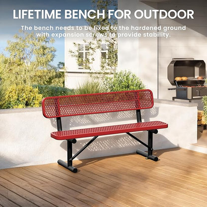 6 Feet Steel Park Bench for Outside, Outdoor Bench with Backrest & Portable Frame, Commercial Benches for Shopping Malls, Stores, Parks, Patios, Decks, Red