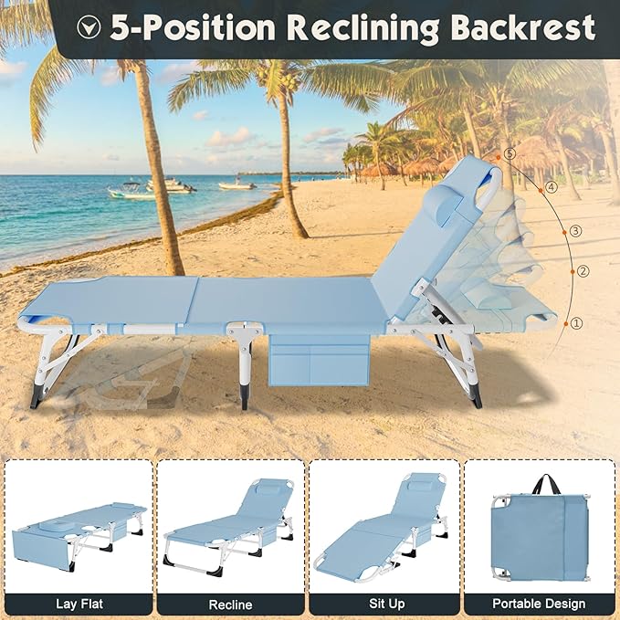 MOPHOTO Oversized Beach Lounge Chair, 5-Position Adjustable Tanning Chair with Face Hole, Heavy Duty Folding Chaise Lounge for Beach, Pool, Patio & Sunbathing