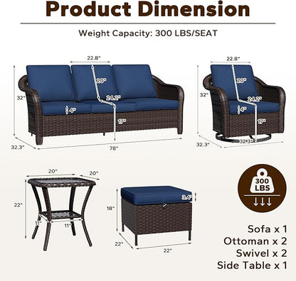 6 Piece Patio Wicker Conversation Set, All-Weather Use Outdoor Wicker Sofa with 2 PE Rattan Ottomans,2 Swivel Chair, 1 Side Table, Ideal for Porch, Backyard, Balcony, Poolside, Blue