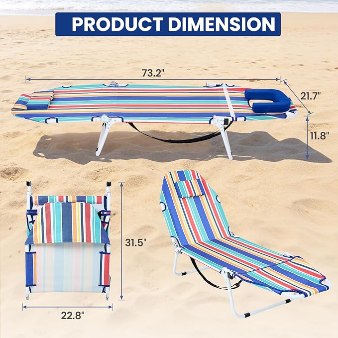 LILYPELLE Folding Chaise Lounge Chair with Mattress, 5 Position Beach Chair with Face Hole - Photo 4