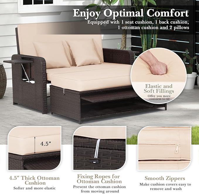 COSTWAY Patio Rattan Daybed with Cushions, Outdoor Wicker Loveseat Sofa with Storage Ottoman - Photo 9