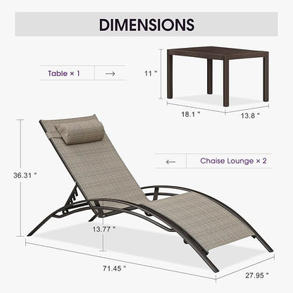 PURPLE LEAF Outdoor Oversized Chaise Lounge Chair Set of 3 Patio Pool Lounger Bronze Aluminum Chairs with Side Table Adjustable Tanning Recliner for Outside Backyard Yard Deck Balcony Beach Khaki