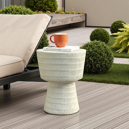 LuxenHome Outdoor Side Table, 15'' Off White Round Spiral Pattern Accent End Table, Indoor Outdoor Coffee Tables for Patio, Living Room, Backyard,Garden Stool and Plant Stand
