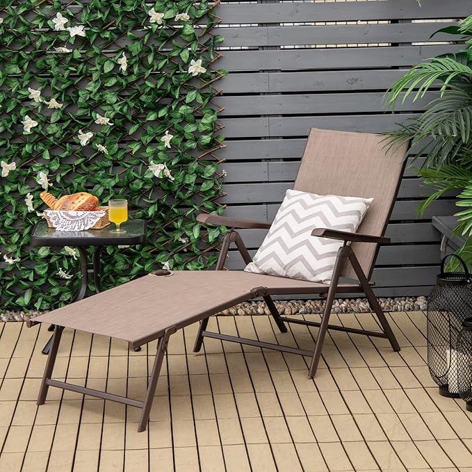 COSTWAY Folding Chaise Lounge Chair Outdoor Portable Reclining Lounger Beach Brown