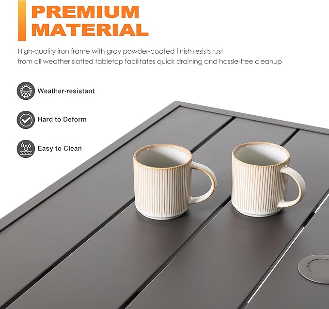 NUU GARDEN 37" Outdoor Patio Table, Square Steel Slat Dining Table for 4 with 1.57" Umbrella Hole, Powder-Coated Iron Frame and Slatted Top for Patio, Garden and Balcony, Gray
