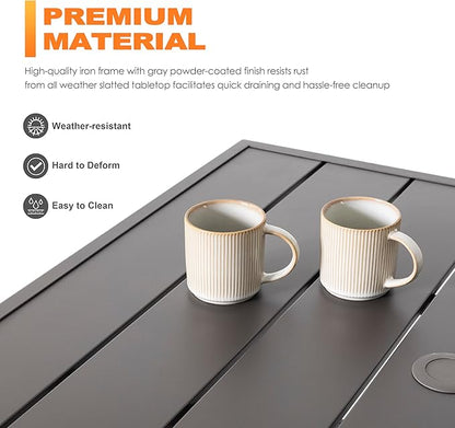 NUU GARDEN 37" Outdoor Patio Table, Square Steel Slat Dining Table for 4 with 1.57" Umbrella Hole, Powder-Coated Iron Frame and Slatted Top for Patio, Garden and Balcony, Gray