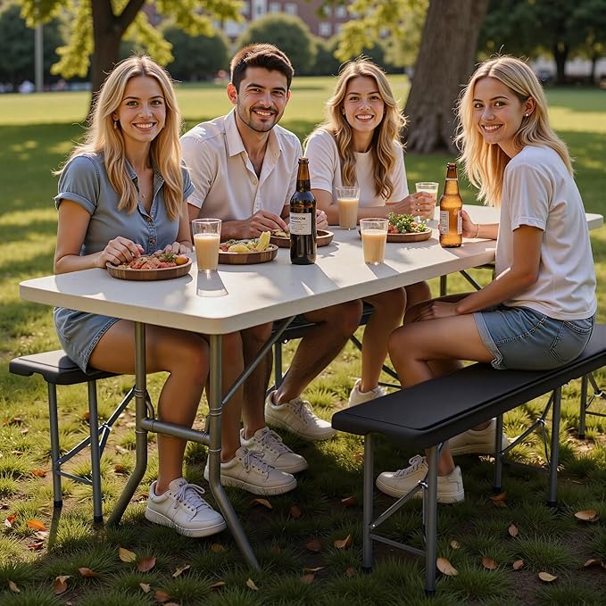 6FT Folding Bench - Heavy Duty 770lbs Capacity, Safety Locking Button & Wider Carrying Handle, Foldable Portable Bench for Outdoor, Picnic, Storage, Camping - Black, 1 Pack