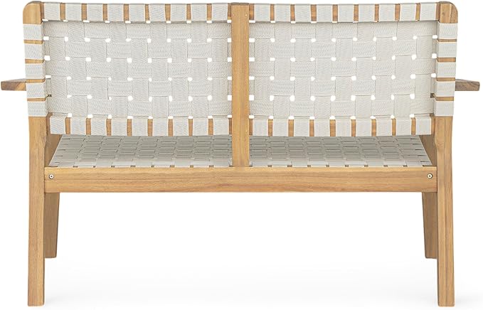 Merax Patio Furniture Acacia Wood Bench, Woven Rope Outdoor Loveseat Sofa, 2-Person Deep Seating Porch Bench for Garden, Backyard Park Balcony, Light Teak Finish & White