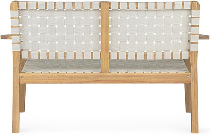 Merax Patio Furniture Acacia Wood Bench, Woven Rope Outdoor Loveseat Sofa, 2-Person Deep Seating Porch Bench for Garden, Backyard Park Balcony, Light Teak Finish & White