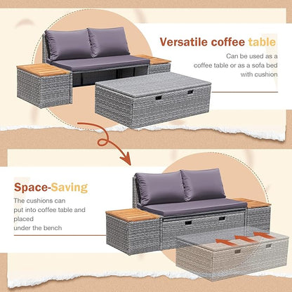 Greesum Patio Furniture Set Multifunctional Outdoor Sectional Sofa Rattan Chaise Lounge Wicker Daybed with Couch, Cushions, Storage Ottoman and 2 Side Tables for Backyard Porch Poolside Lawn, Gray