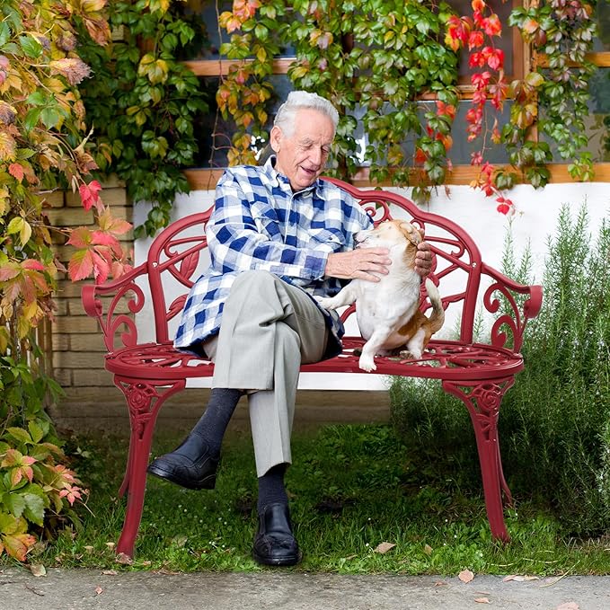 Outvita Outdoor Cast Aluminium Bench - Anti-Rust Weather Resistant Patio Bench, Rose Pattern, 39" H x 59" L x 22" D