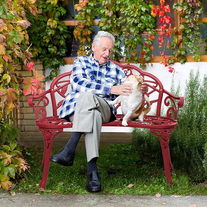 JHshop 38.5" Patio Garden Bench Outdoor Cast Aluminum Loveseat, Park Chair,Outdoor Garden Bench, Patio Park Bench,Outdoor Patio Bench Chair - Red