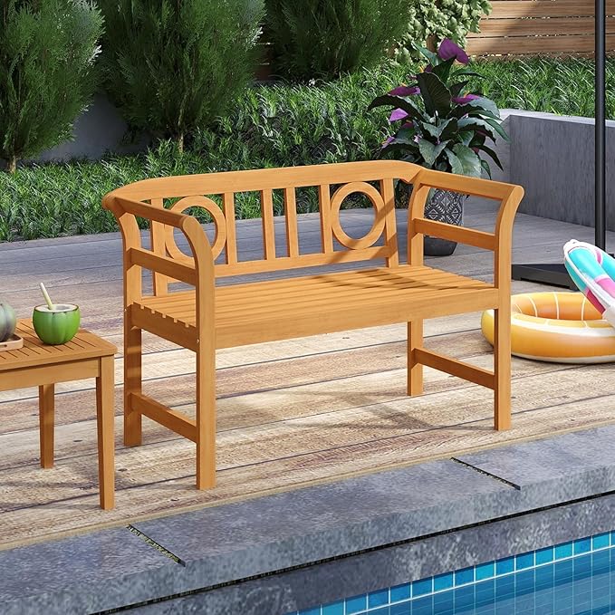 Tangkula Acacia Wood Outdoor Bench with Backrest, 2-Person Patio Wood Bench with Curved Armrests, Slatted Seat, Garden Bench Loveseat for Park, Yard, Lawn, Patio, 800 LBS Max Load