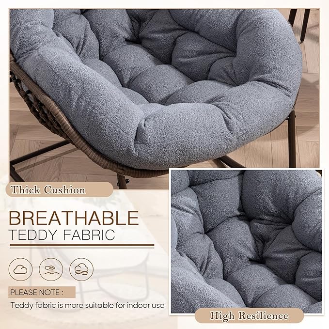 Large Indoor Rocking Chair Set of 2, Oversized Rocking Papasan Chair with Thick Cushion and Frame,Comfy Teddy Rocker Wicker Egg Chairs Lounge Reading Chair for Living Room, Bedroom, Dark Grey