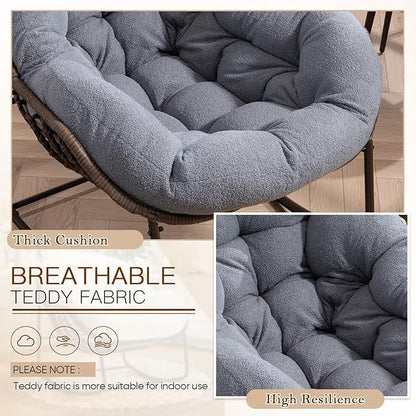 Large Indoor Rocking Chair, Oversized Rocking Papasan Chair with Thick Cushion and Frame,Comfy Teddy Rocker Wicker Egg Chairs Lounge Reading Chair for Living Room, Bedroom, Apartment, Dark Grey