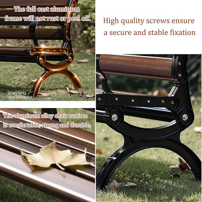 Outdoor garden benches Metal garden bench 2-3 Person Seat Loveseat Chairs Patio Bench Chair with Backrest 120/150/180cm Solid wood slatted seat and galvanized frame 300kg Weight Capacity(Walnut
