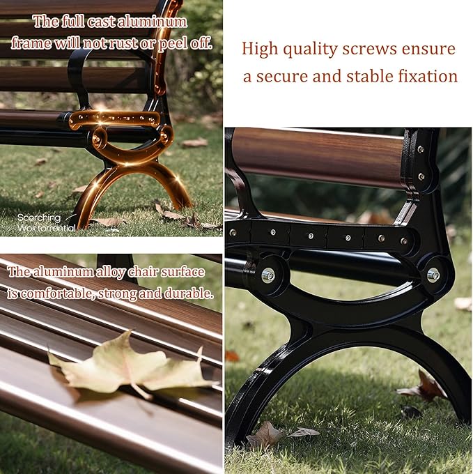 Outdoor garden benches Metal garden bench 2-3 Person Seat Loveseat Chairs Patio Bench Chair with Backrest 120/150/180cm Solid wood slatted seat and galvanized frame 300kg Weight Capacity(Orange