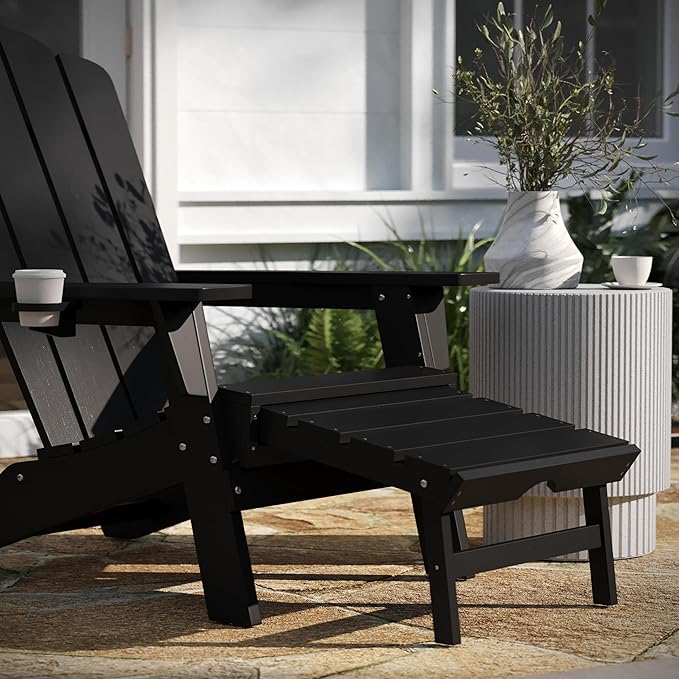 Taylor & Logan Hedley Adirondack Chair with Cup Holder and Pull Out Ottoman, All-Weather HDPE Indoor/Outdoor Lounge Chair in Black, Set of 2