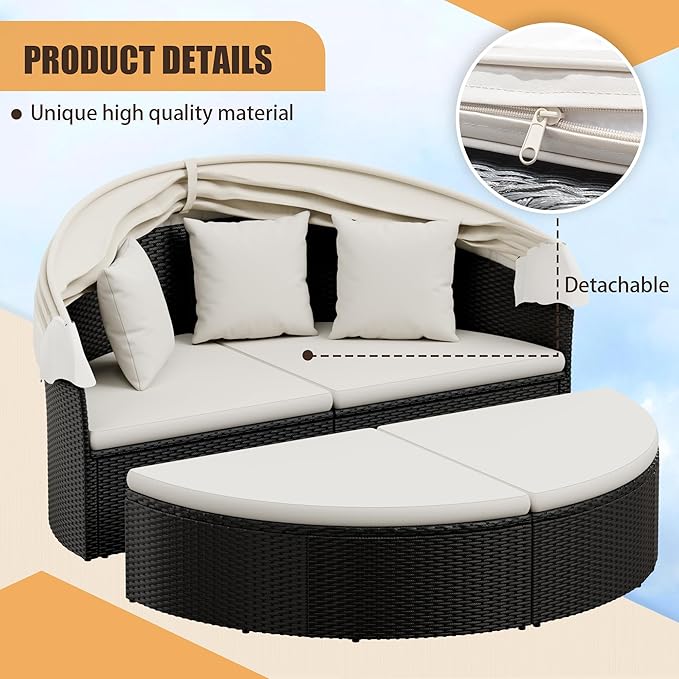 Homall Patio Outdoor Daybed with Retractable Canopy, Rattan Wicker Sectional Seating with Washable Cushions for Patio Backyard Porch Round Daybed Separated Seating (Beige)