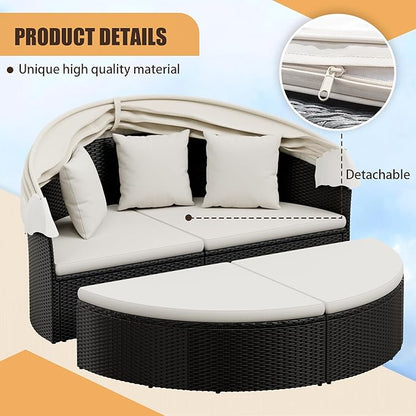 Homall Patio Outdoor Daybed with Retractable Canopy, Rattan Wicker Sectional Seating with Washable Cushions for Patio Backyard Porch Round Daybed Separated Seating (Beige)